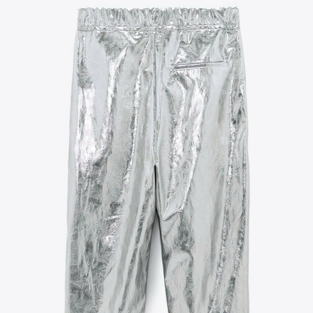 ZARA PANTS SILVER METALLIC JOGGERS HIGH WAIST
